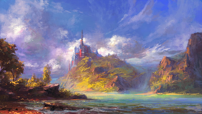 Artistic, Landscape, Lake, Mountain, Sky, HD wallpaper