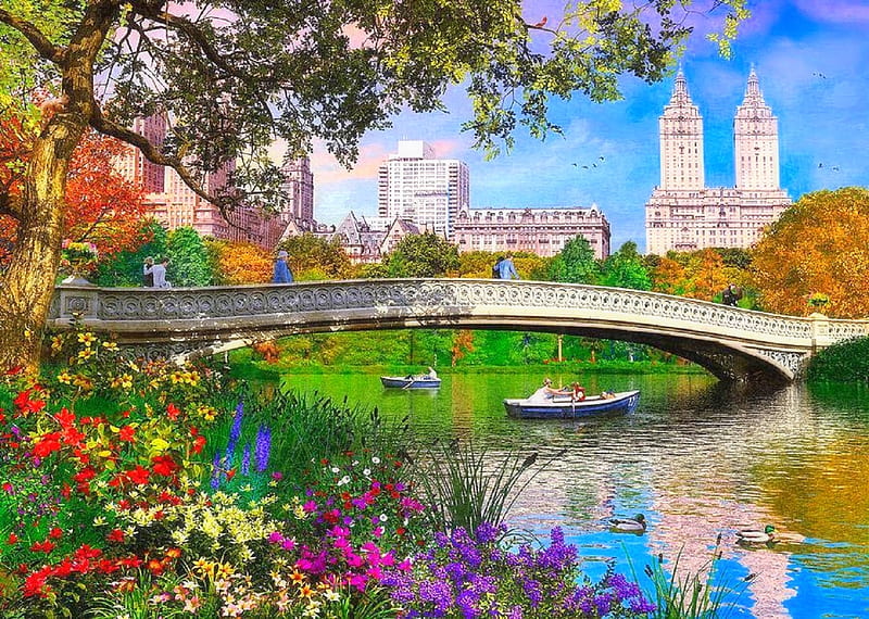 Bow Bridge, architecture, bridges, love four seasons, America, attractions in dreams, skyscrapers, boats, paintings, New York, central park, summer, flowers, nature, rivers, HD wallpaper