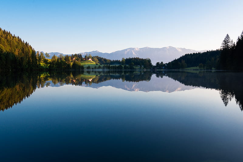 lake, trees, spruce, reflection, sky, HD wallpaper