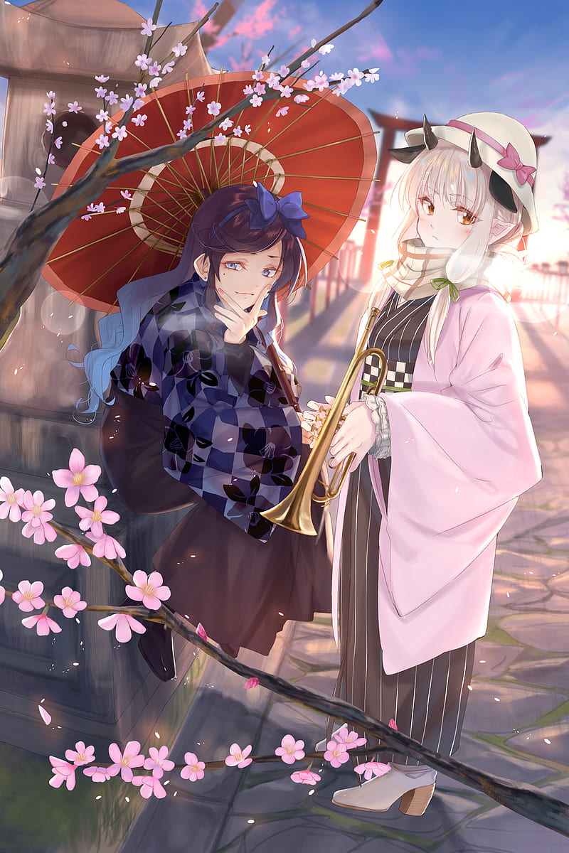 anime, anime girls, original characters, New Year, Plum tree, blossoms, Kabocha, kimono, vertical, umbrella, horns, HD phone wallpaper