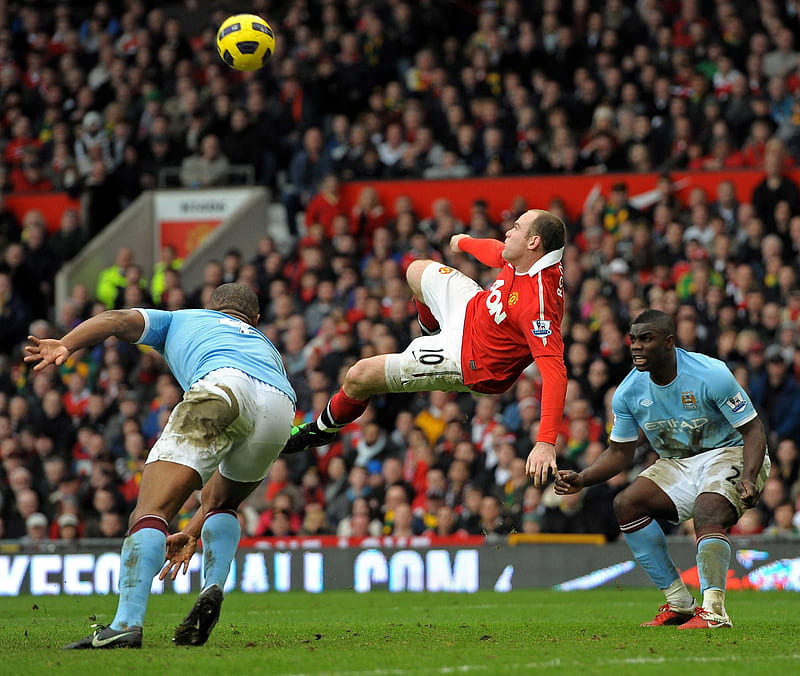 Rooney Bicycle Kick, manchester, red, soccer, amazing, goal, rooney, incredible, man utd, the red devils, city, match, united, rivals, blue, HD wallpaper
