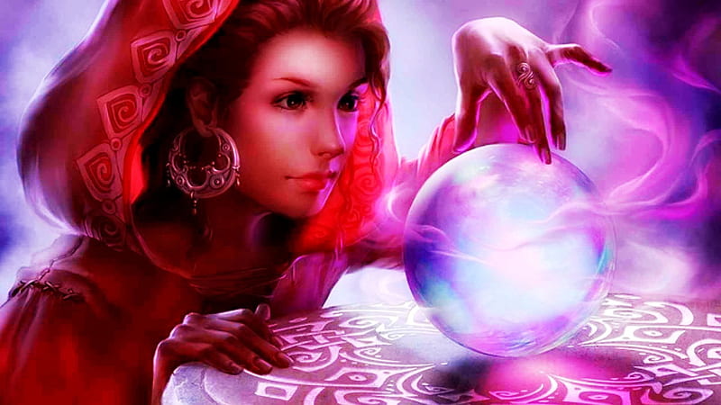 Fortune Teller, red, crystal ball, woman, HD wallpaper