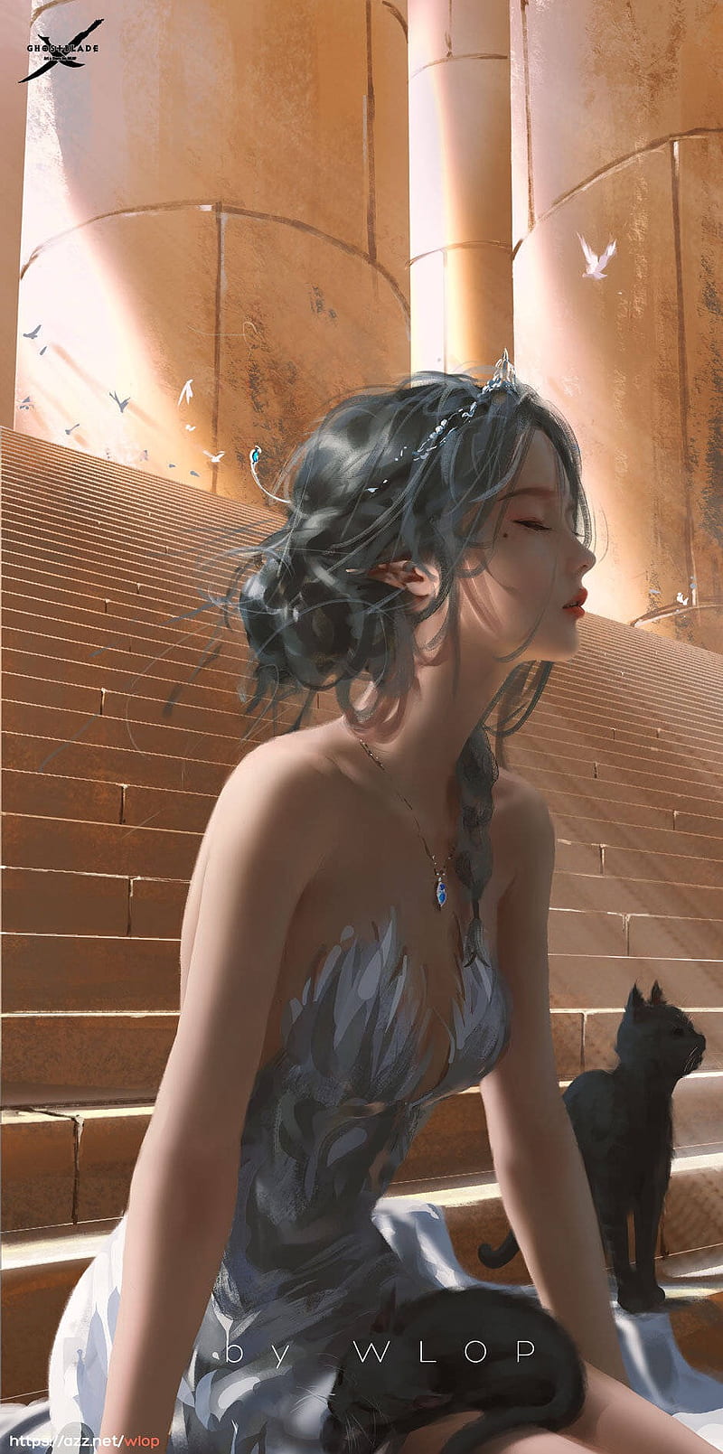 Wlop Cats Braided Hair Silver Hair Stairs White Dress Fantasy Girl Fantasy Art Hd Mobile Wallpaper Peakpx