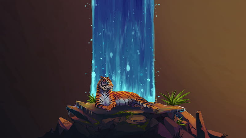 tiger, waterfall, stones, water, art, HD wallpaper
