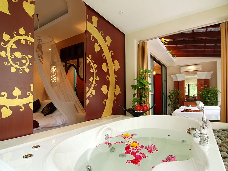 Spa, pretty, resort, interior, desenho, bath, modern, water, bathroom, flowers, petals, room, HD wallpaper