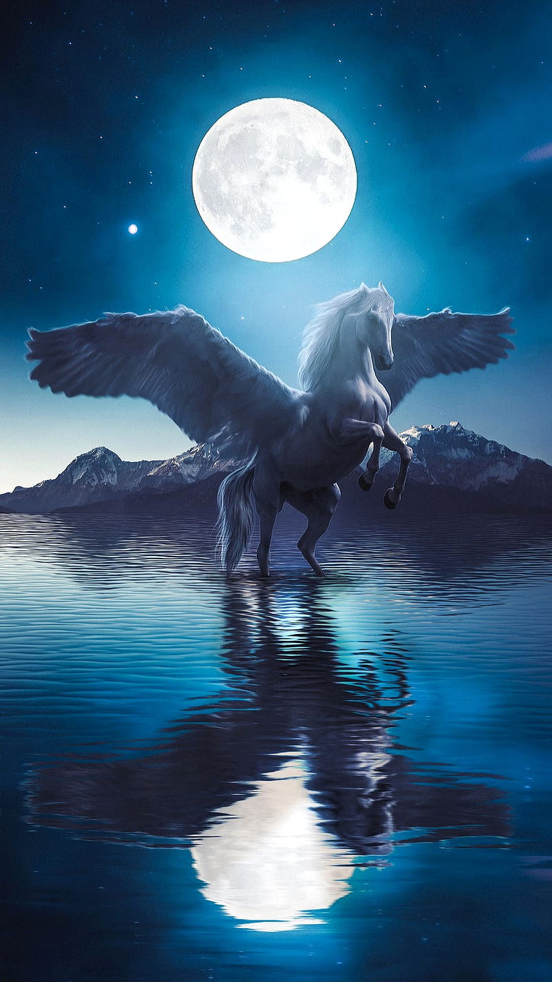 Night horse, big moon, blue, fantasy, lake, moon, moonlight, reflection, white horse, wings, HD phone wallpaper