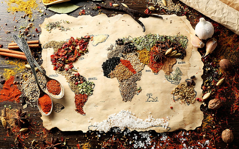 world map continents, geography, spices, creative, HD wallpaper