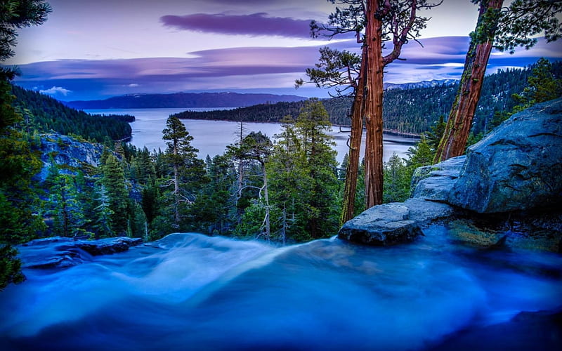 Eagle Falls over Emerald Bay, forest, waterfall, nature, trees, clouds, bay, lake, HD wallpaper