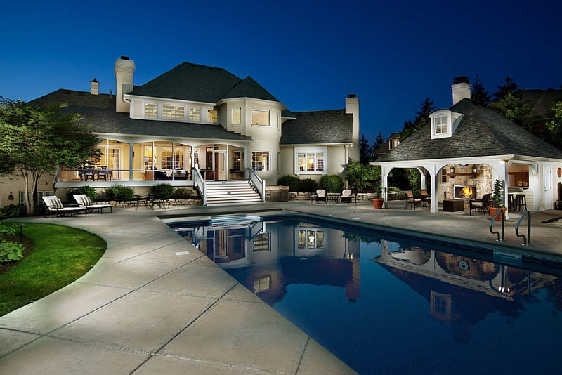 Luxury house, bonito, Pool, House, Night, HD wallpaper