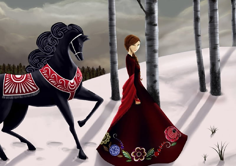 A Winter Walk, snow, woods, horse, woman, winter, HD wallpaper