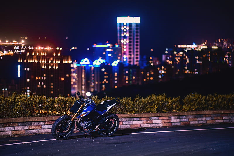 motorcycle, bike, night city, road, curb, view, HD wallpaper