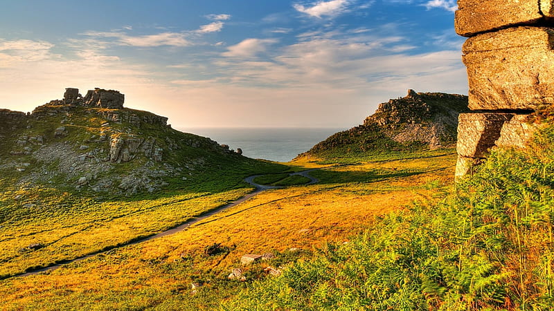 rocky hills above the sea in exmoor england, hills, rocks, shore, grass, sky, sea, HD wallpaper