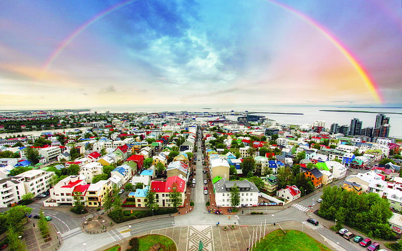 Iceland, rainbow, cityscape, buildings, R, HD wallpaper