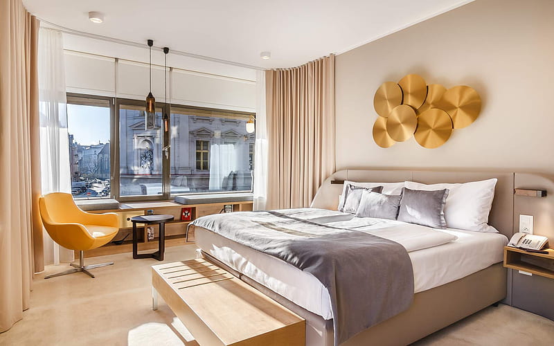 modern interior design, bedroom, pastel colors in the bedroom, beige bedroom, stylish interior, HD wallpaper