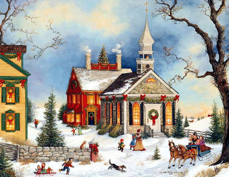 Old Fashioned Christmas, houses, children, church, artwork, tree, snow, people, painting, village, HD wallpaper