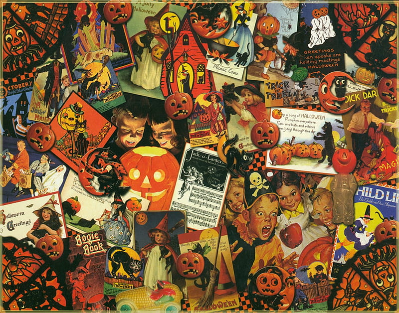Halloween vintage cards, collage, halloween, card, vintage, HD wallpaper