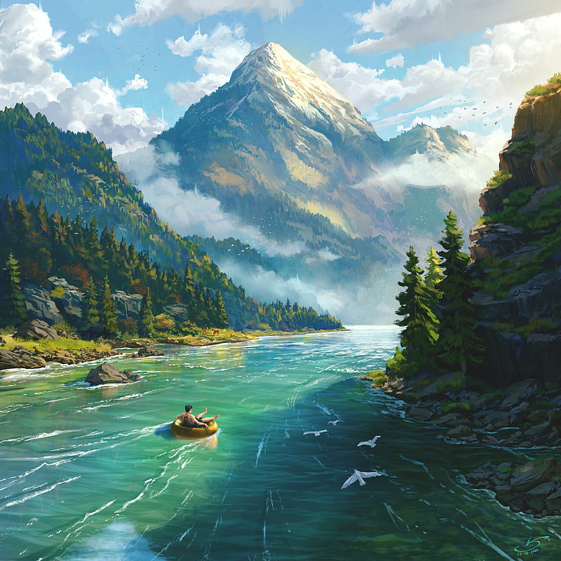 digital art, landscape, river, mountains, HD phone wallpaper