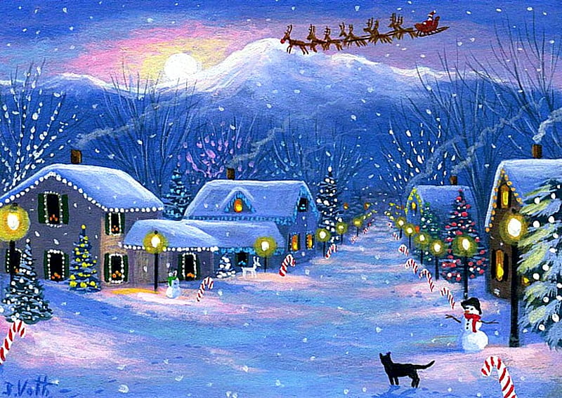 Christmas Eve on Candy Cane Lane, sleigh, houses, cat, snowman, artwork, winter, santa, snow, mountains, painting, village, HD wallpaper