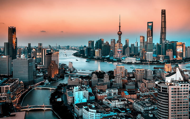 Shanghai, sunset, skyscrapers, modern buildings, China, Asia, HD wallpaper