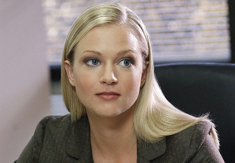 A J Cook..........a Portrait, close up, window, office chair, blinds, blue eyes, grey cover up, HD wallpaper