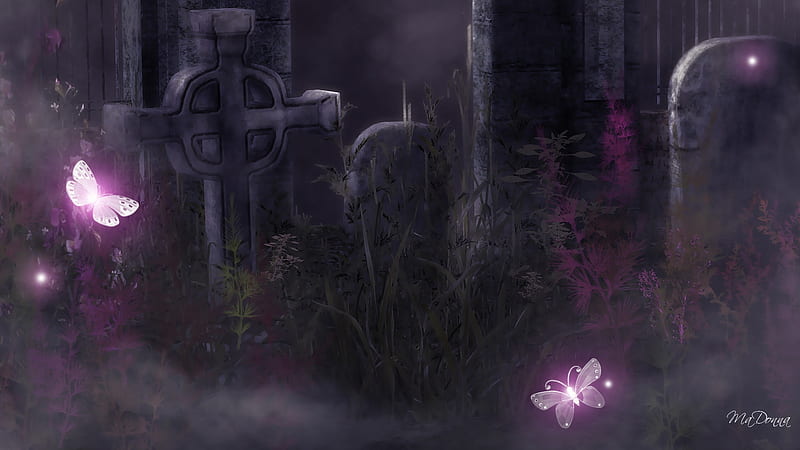 Graveyard & Butterflies, haunting, firefox persona, eerie, fantasy, stones, graves, butterfly, gothic, celtic, mystical, glowing, cemetery, butterflies, goth, purple, dark, magical, HD wallpaper