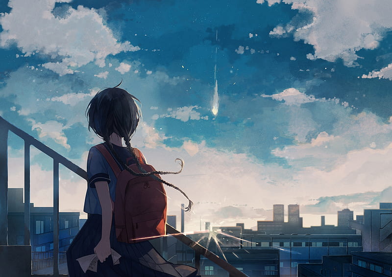 anime girl, braids, buildings, stairs, back view, school uniform, Anime, HD wallpaper