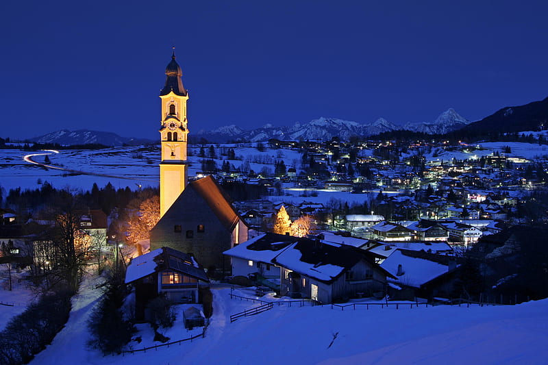 German Village at Night, german, germany, church, snow, mountains, tower, village, spire, night, HD wallpaper