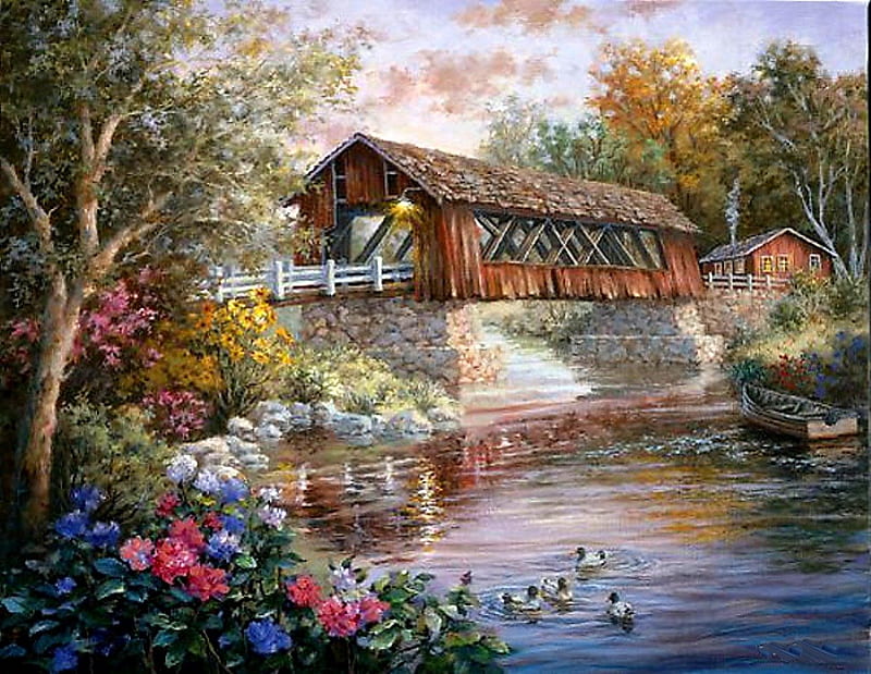 Cover Bridge, colorful, bonito, ater, bridge, love, flowers, peaceful, river, landscape, animals, HD wallpaper