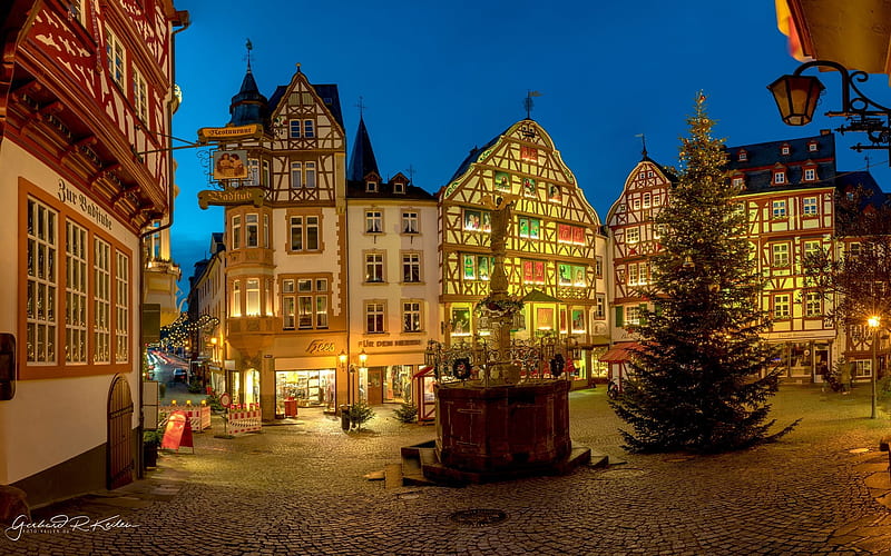 Christmas in Town, Germany, houses, town, Christmas, marketplace, night, HD wallpaper