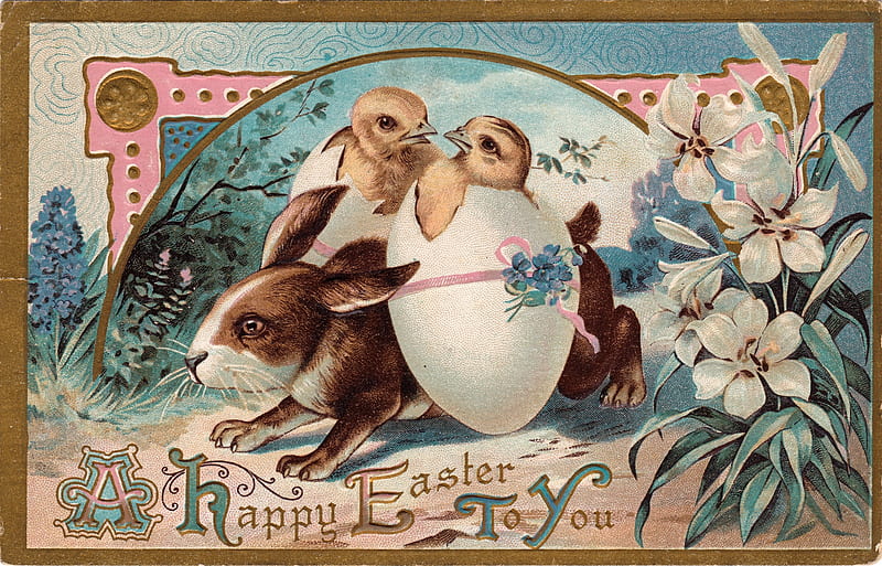 Happy Easter!, easter, bunny, chick, card, rabbit, brown, bird, pasari, flower, pink, vintage, blue, HD wallpaper