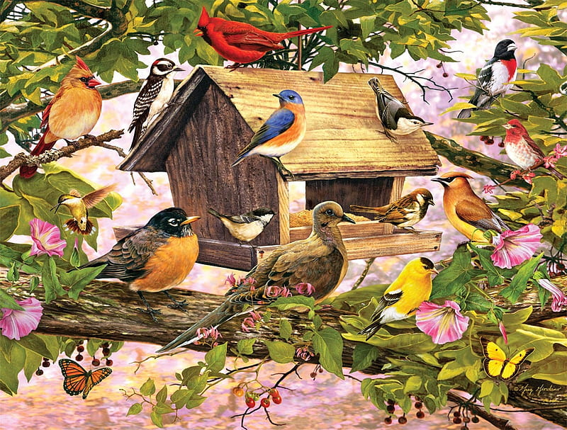 Bird Feeder, painting, birds, resting, blossoms, artwork, HD wallpaper