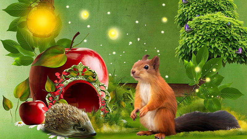 Forest of Wonder, apple, forest, squirrel, glow, story book, fairy tale, grass, spring, trees, lights, fantasy, hedgehog, whimsical, summer, magical, light, HD wallpaper