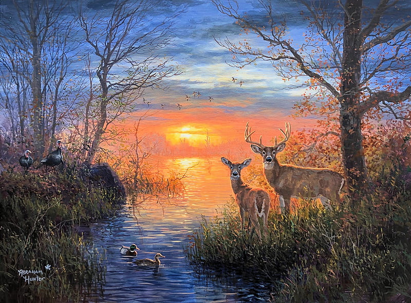 Lakeside Sanctuary, ducks, colors, sunset, sky, trees, clouds, deer, artwork, water, painting, HD wallpaper