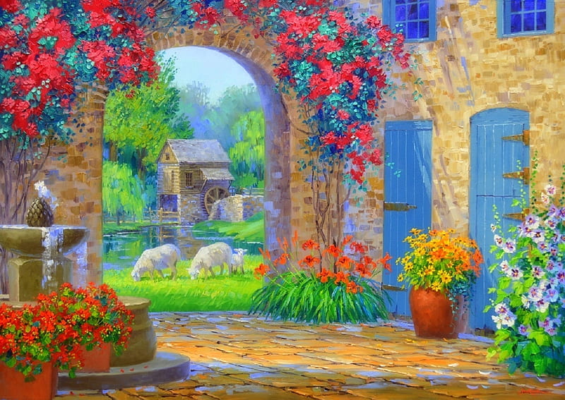 Whisper of Serenity, fountain, houses, colors, love four seasons, attractions in dreams, paintings, views, flowers, garden, nature, old mill, HD wallpaper
