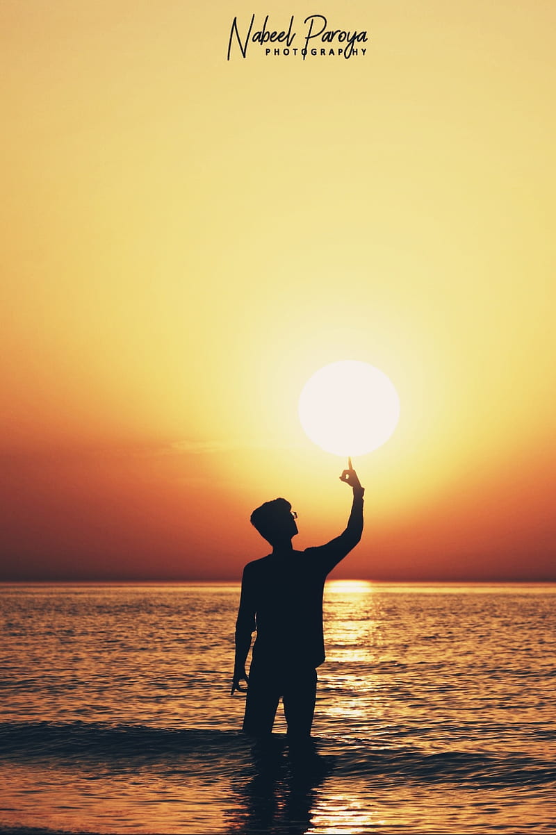 Silhouette , boy, golden hour, one person, orange, sea, silhouette, sun, sunset, HD phone wallpaper