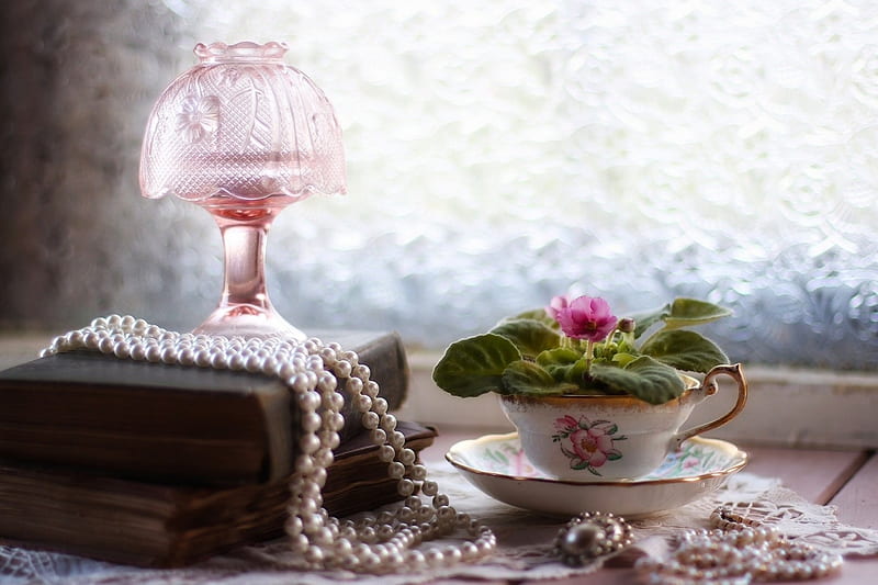 Still life with cup and pearls, lamp, lantern, necklace, books, old, retro, glass, cup, flower, violet, pearls, beads, pink, vintage, HD wallpaper