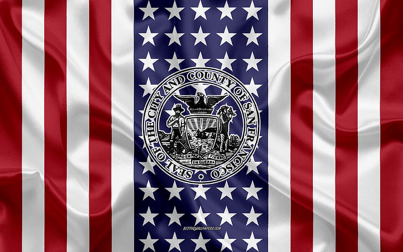 San Francisco Seal silk texture, American Flag, USA, San Francisco, California, American City, Seal of the San Francisco, silk flag, HD wallpaper