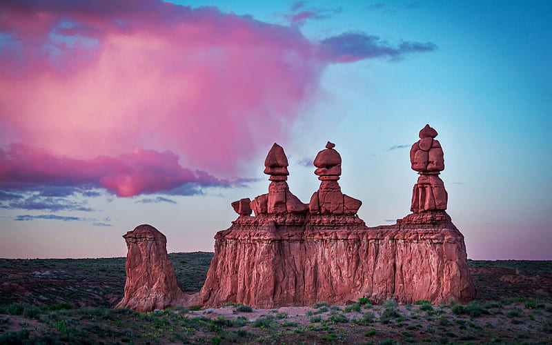 The Three Sisters of Goblin Valley State Park, Utah, cloud, sky, landscape, rocks, usa, colors, HD wallpaper