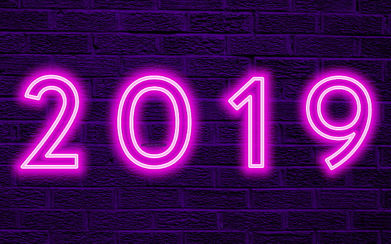 2019 year, purple background, creative, purple wall, 2019 concepts, neon digits, Happy New Year 2019, brick wall, HD wallpaper