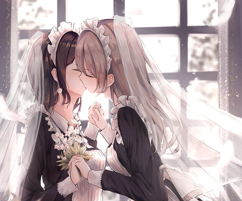 lesbians, closed eyes, two women, anime, anime girls, kissing, yuri, maid