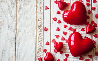 corazones, wooden background, red heart, romantic, Valentine Day, HD wallpaper