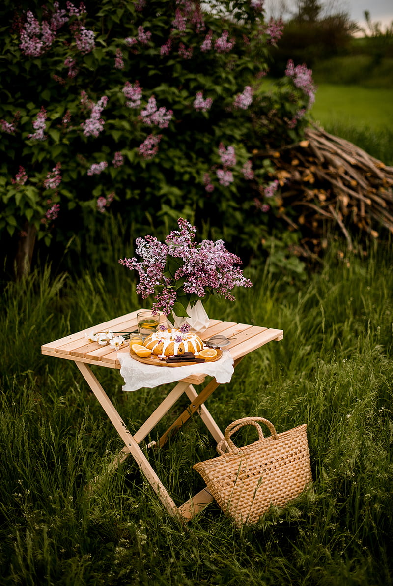 table, bouquet, dessert, picnic, nature, HD phone wallpaper
