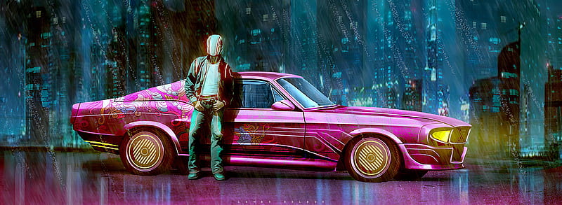 Pink Vintage Car Man Standing Outside, artist, artwork, HD wallpaper