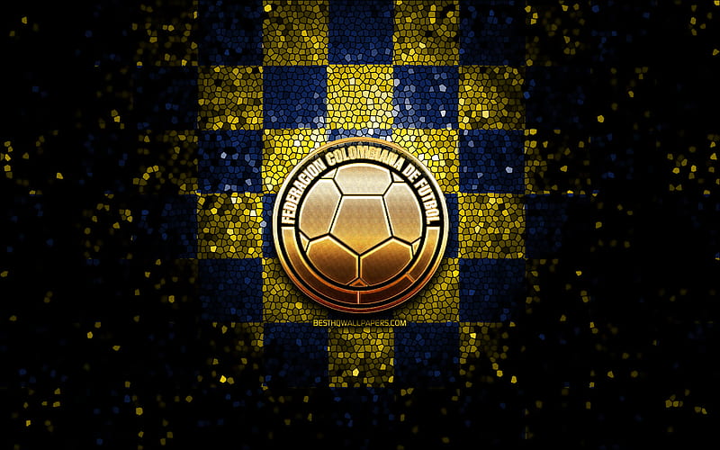 Colombian football team, glitter logo, Conmebol, South America, blue yellow checkered background, mosaic art, soccer, Colombia National Football Team, FCF logo, football, Colombia, HD wallpaper