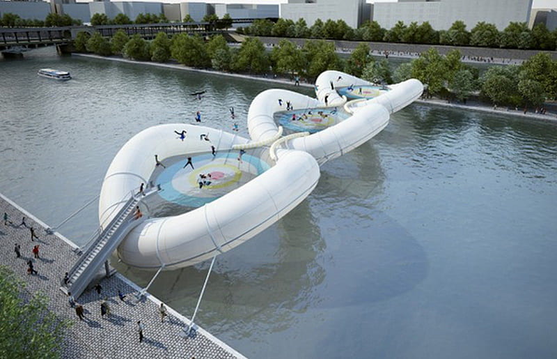 inflatable bridge11, architecture, river, fun, bridge, HD wallpaper