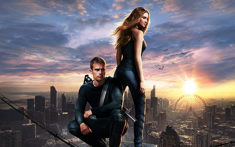 Divergent (2014), poster, movie, divergent, Theo James, man, saga, fantasy, girl, four, Shailene Woodley, actor, triss, HD wallpaper