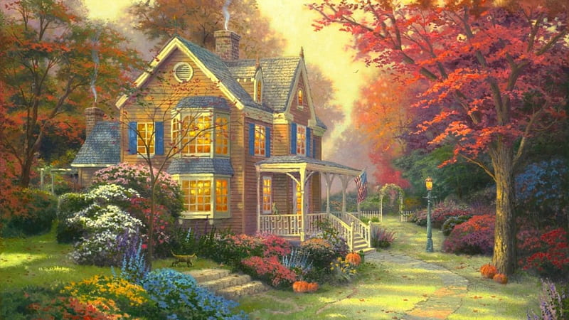 Victorian Cottage, flap, autumn, lovely, grass, cottage, victorian, colors, stairs, bonito, trees, cat, painting, path, garden, HD wallpaper