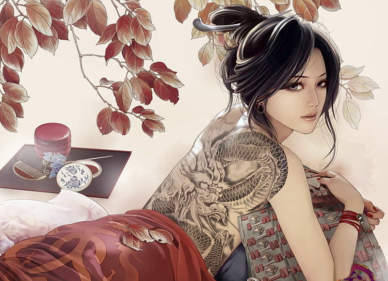 Tatoo girl, japanese, girl, tattoo, oriental, asian, beauty, dragon, tatoo, HD wallpaper