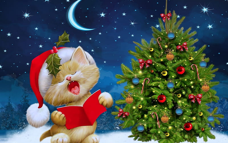 Christmas, cat, santa, christmas tree, winter, snow, HD wallpaper