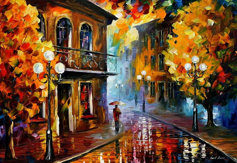 Leonid Afremov - Rain, art, autumn, colors, building, tree, city, painting, rain, leonid afremov, night, HD wallpaper